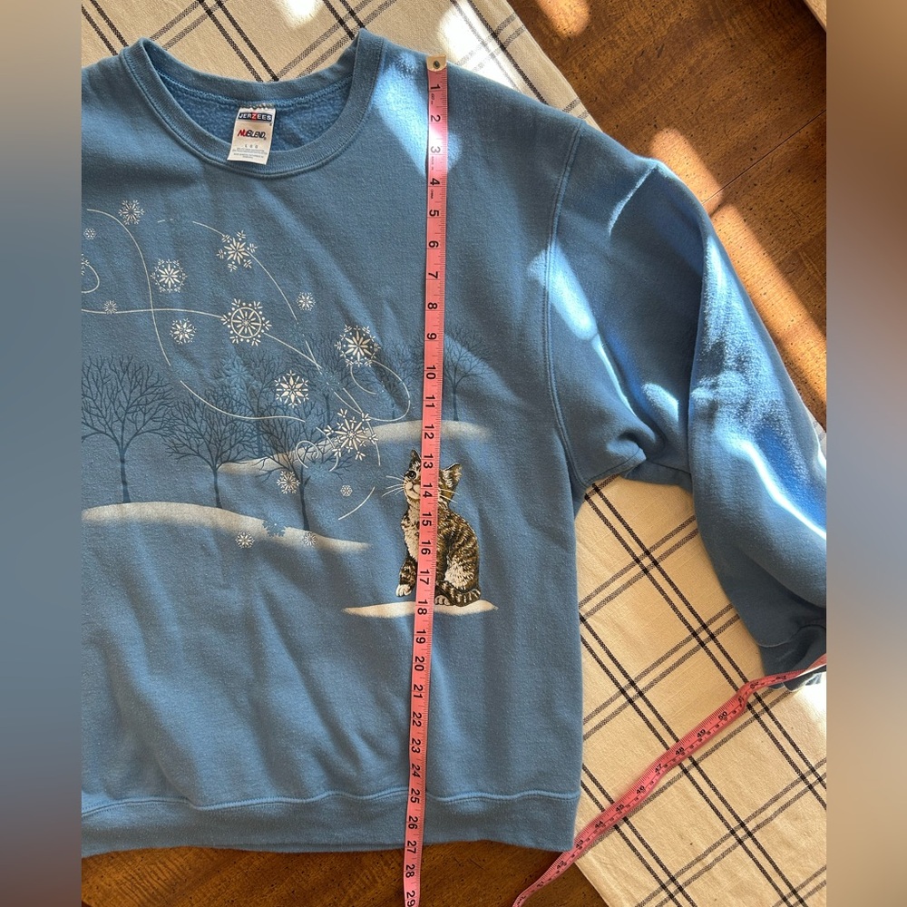 Vintage Jerzees Crewneck Sweatshirt Womens Large Blue Cat with Snowflakes - Picture 6 of 12
